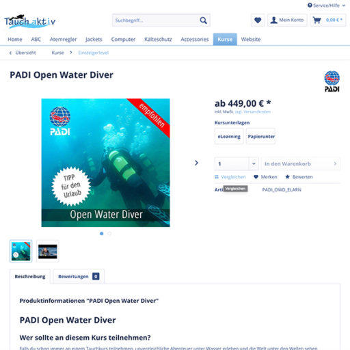 e-commerce Shopware Onlineshop für Tauchkurse e-commerce Shopware Onlineshop für Tauchkurse